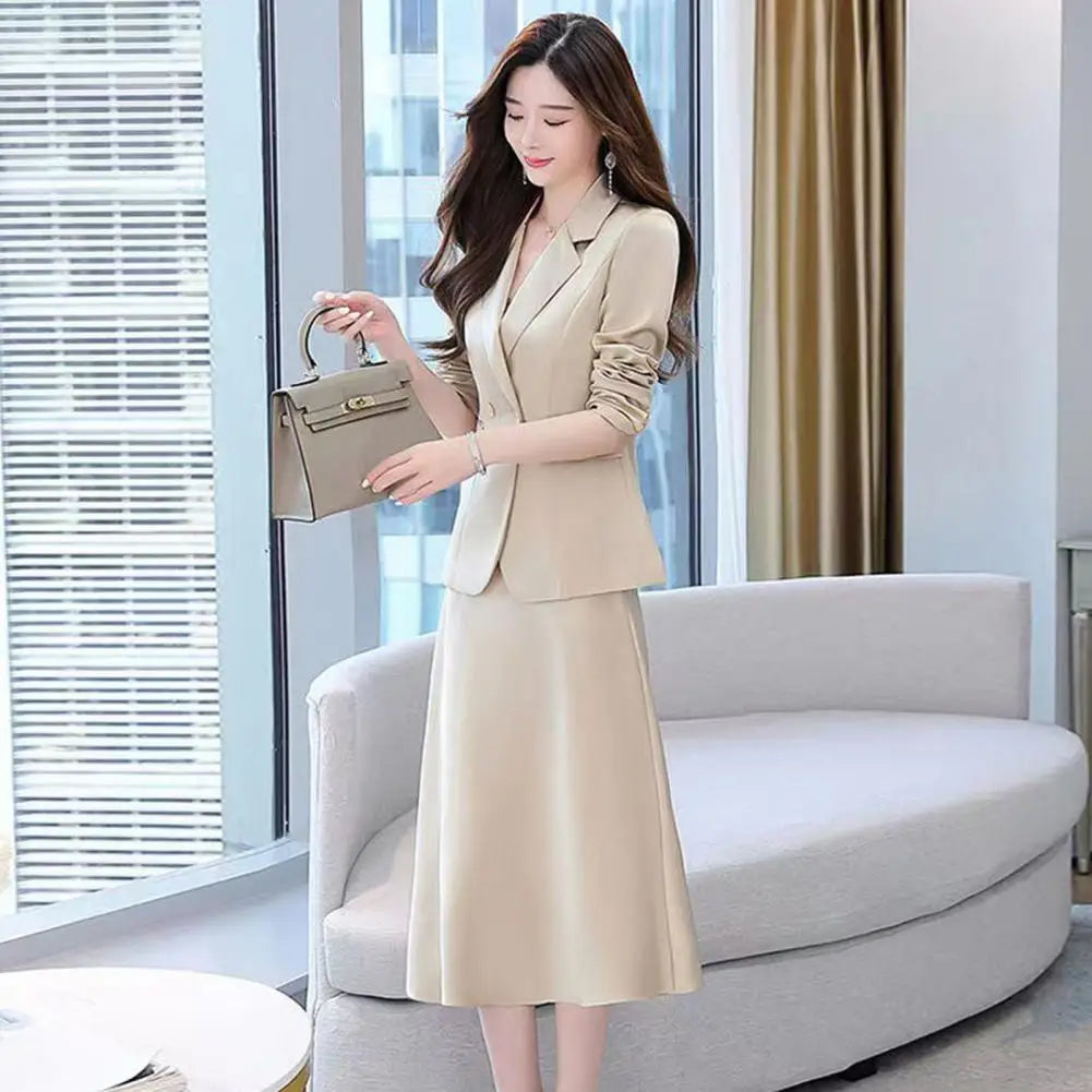 2Pcs Women Outfit Commute Trendy Office Lady Dress Coat Set Elegant Sling Style Coat Long Dress Suit Lady Business Skirt Suit - Seprincess