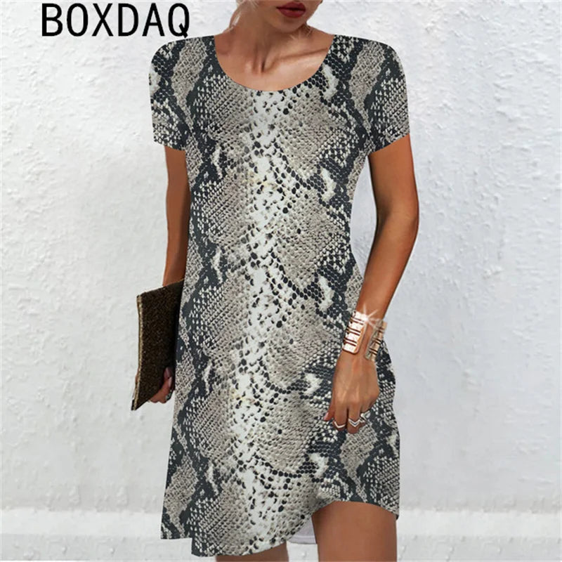 3D Sexy Snake Print Mini Dress Big Size Women Sexy Short Sleeve O-Neck Loose Dress Summer Beach Party Dress Sundress Vestidos - Seprincess