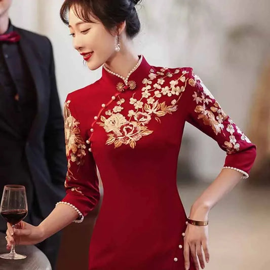 Burgundy Wedding Cheongsam Engagement Dress New Chinese Qipao Toast Clothes Retro Mandarin Collar Improved Sexy Slit Slim Dress - Seprincess