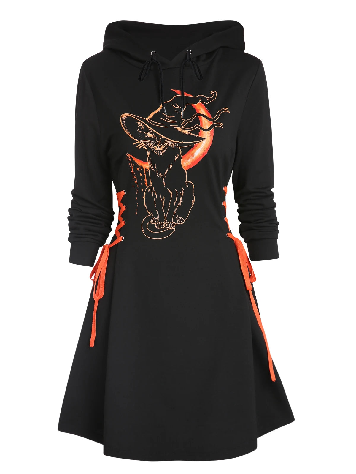 Dressfo 2024 Womens Gothic Hoodie Dress Cat Hat Moon Print Lace Up Long Sleeve A Line Mini Dress Christmas Sweatshirt Dresses - Seprincess