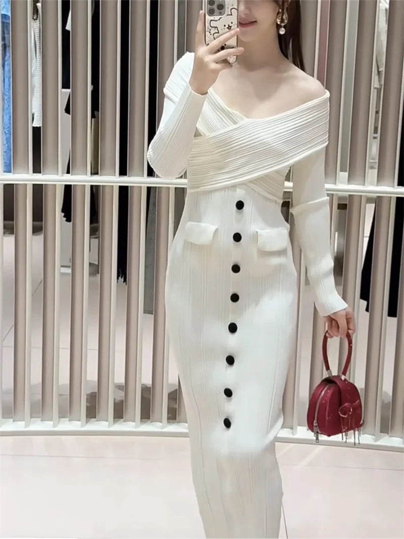 Women Slim V-Neck Knitted Dress Single-Breasted White Long Sleeve Ladies One-Shoulder Package Hip Long Robe - Seprincess