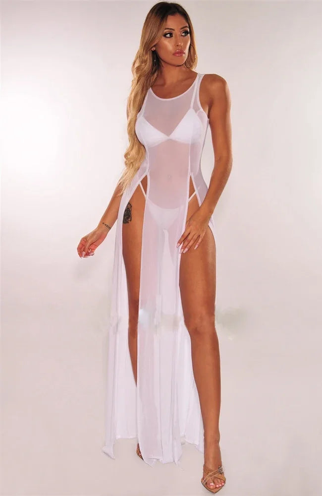 Women Sexy Long Dress Mesh Sheer See Through Bikini Cover Up Beach Sundress Solid Long Dress Sleeveless Strap Dress - Seprincess