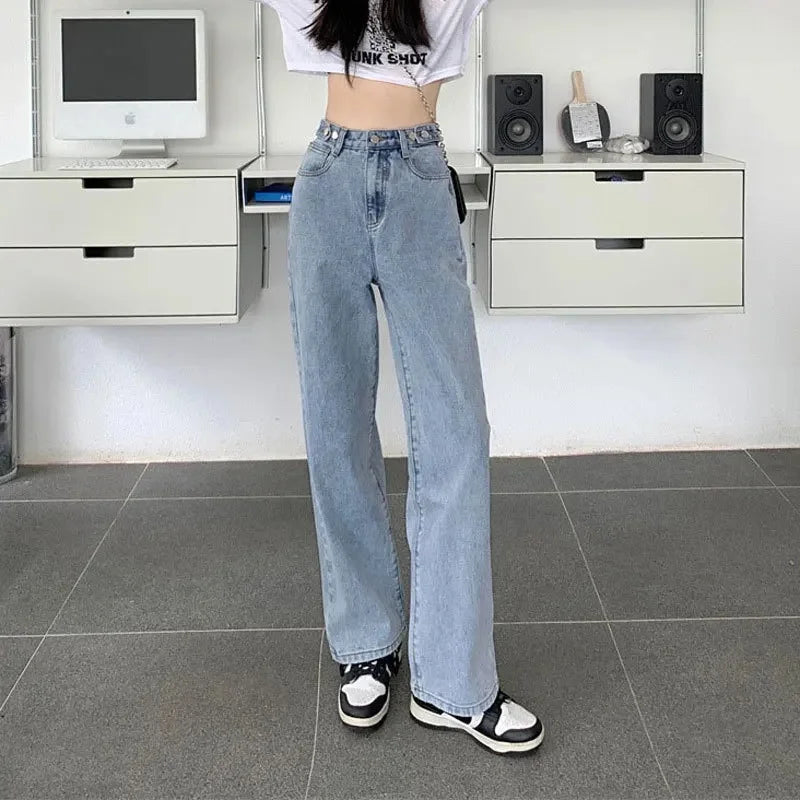 Multi-Button Wide-Leg Women's Jeans New Style Adjustable High-Waisted Straight-Leg Long Pants Loose Fit Niche Style