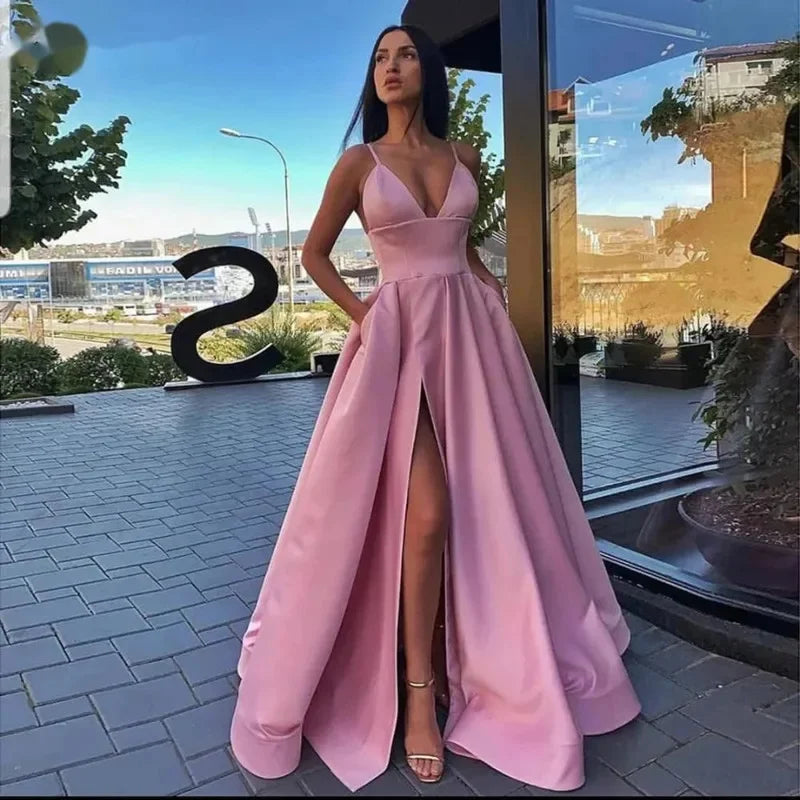 Sexy V Neck Satin Maxi Dress Woman 2024 Spaghetti Strap Side Slit Prom Dress High Waist Evening Gown Party Graduation Long Robe - Seprincess