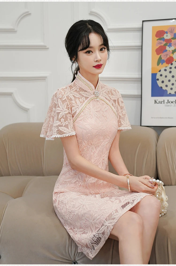 Chinese Traditiona Vintage Lace Improved Cheongsam Summer Short Sleeve Qipao Dress Modern Women Clothes - Seprincess