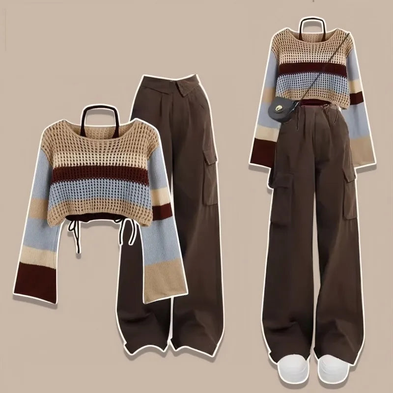 Women's Autumn Vintage Hollow Stripe Long Sleeved Knitwear+Strap+Cargo Pants Suit Korean Elegant Sweater Trousers Matching Set - Seprincess