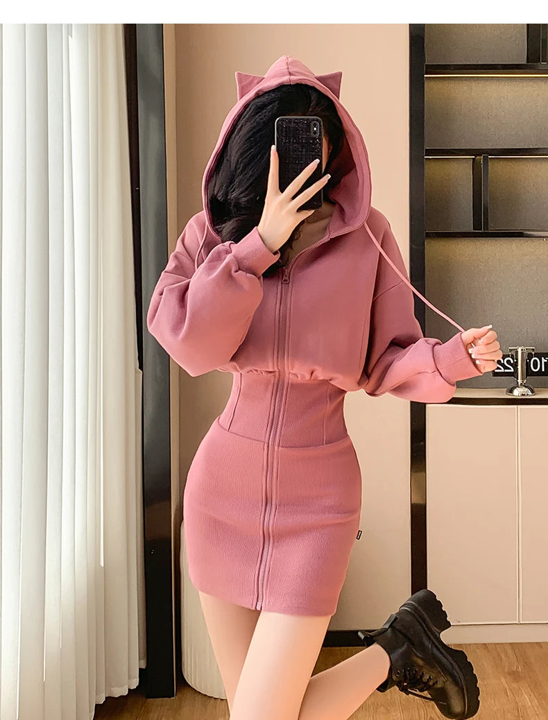 Korean Fashion Hoodie Dress Women Autumn Winter Long Sleeve Cat Ear Mini Dress Bodycon Dress Vestidos - Seprincess