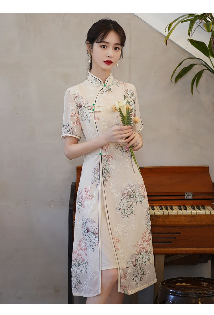 Retro Traditional Chinese Short Sleeve Cheongsam Clothing for Women Summer Modern Elegant Qipao Evening Dress - Seprincess