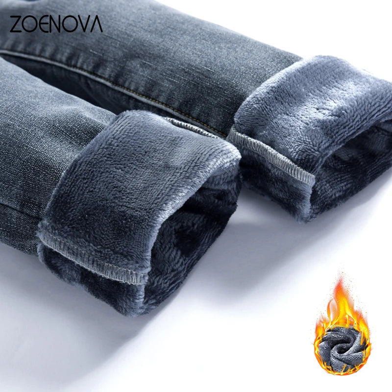 ZOENOVA Y2K Jean Warm Velvet Jeans Woman High Elastic Mom Casual Ladies Trousers Denim Fleece Pants Korea Fashion Soft Leggings