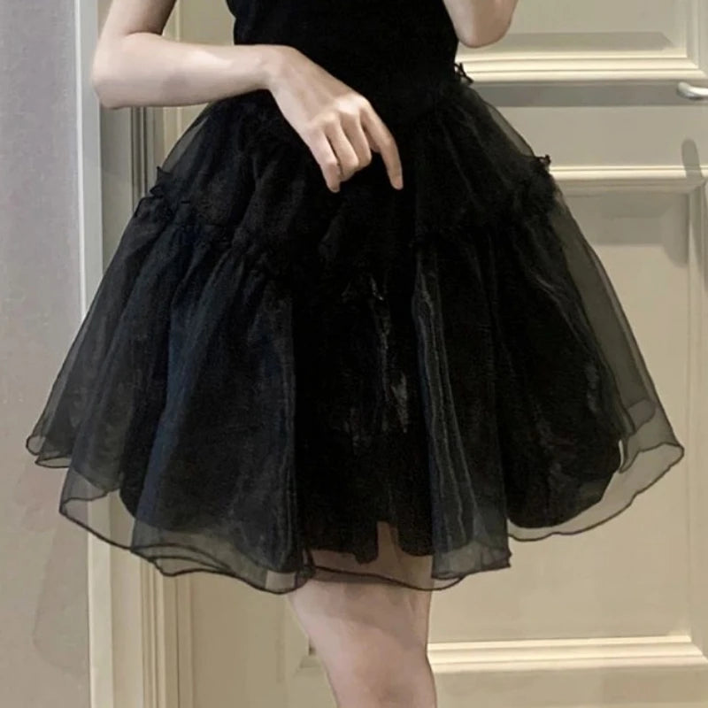 Black Mini Dress Women Bodycone High Waisted Puff Sleeve Sexy Summer Kawaii Girlish Lolita Vintage A-line Vestidos Temper French - Seprincess