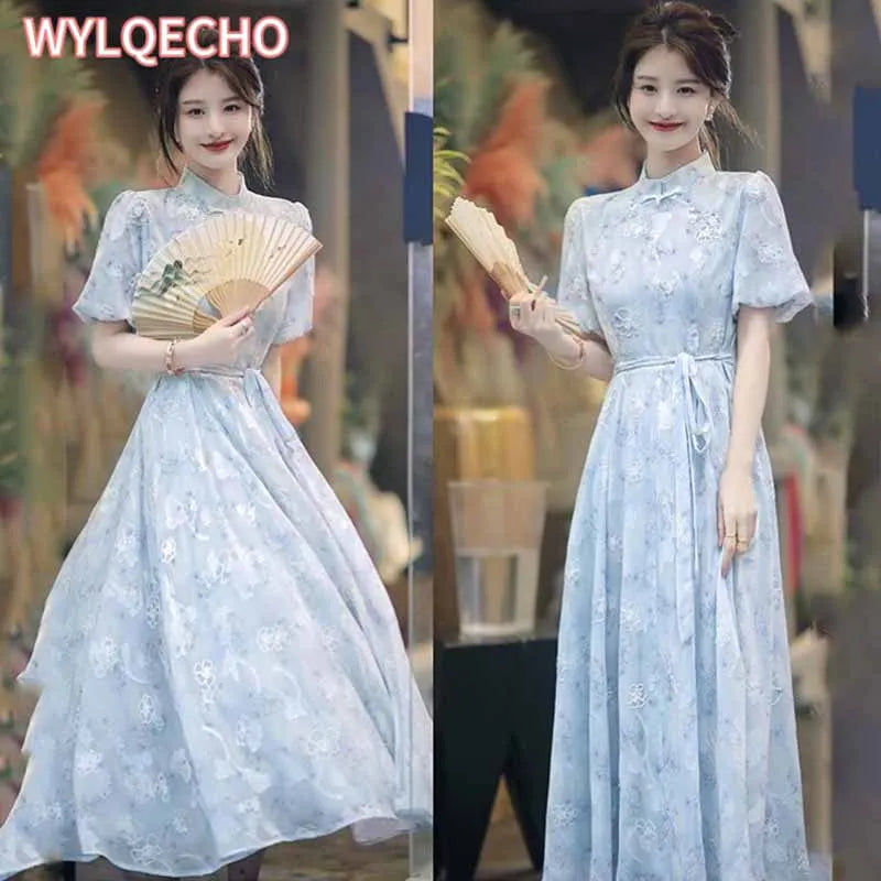 High Quality 2023 New Women Cheongsam Dress Embroidery Slim Elegant Long Qipao Chinese Style Wedding Dress Fashion Blue - Seprincess