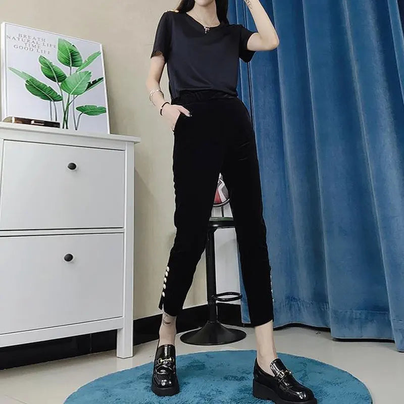 Casual Women's Solid Color Straight Cropped Pants Autumn Winter Fashion High Waist Elastic Chic Button Asymmetrical Trousers New