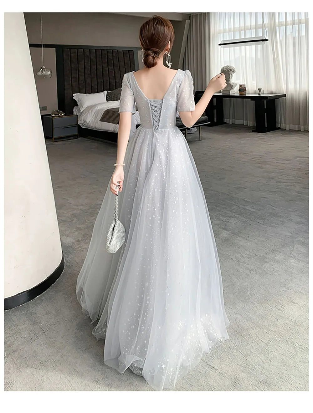 Bridesmaid Dress Women Lantern Sleeve Sequin Tulle Party Dresses Fairy Stage Performance Elegant Ladies Banquet Evening Gown