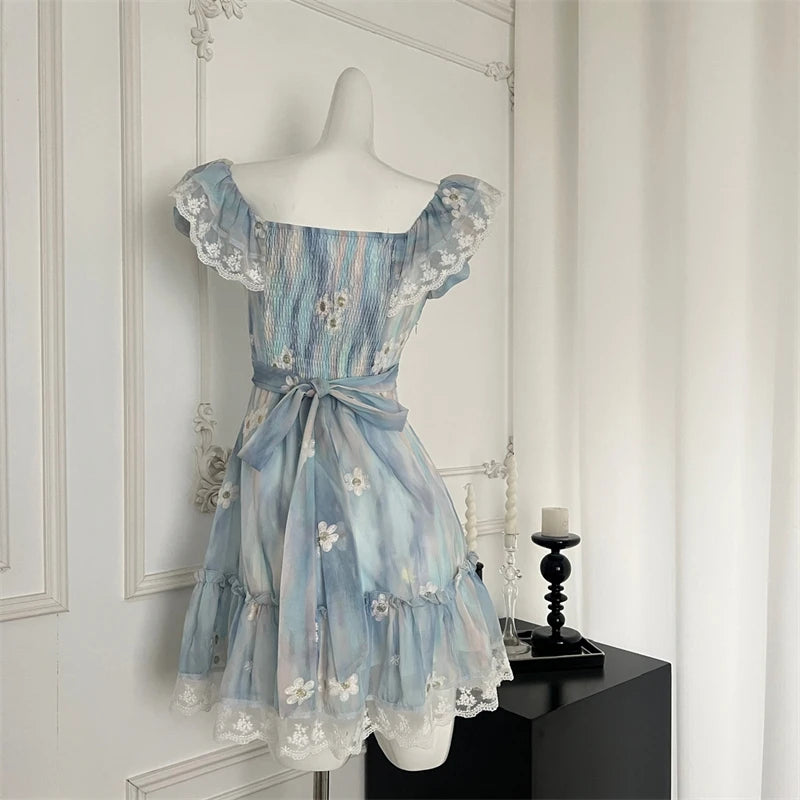 Women Blue A-line Lace Bow Dress Vintage Elegant Sleeveless Kawaii Flower Print Dresses Y2k One Piece Frocks 2000s Clothes 2024 - Seprincess