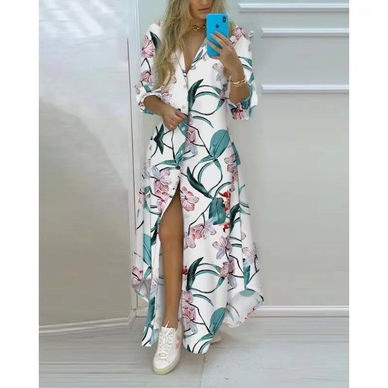 Women Boho Printed Long Shirts Dress Summer Turn-down Collar Long Sleeve Party Dress Female Casual Evening Maxi Dresses Vestidos - Seprincess