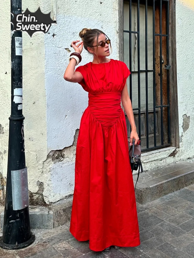 Women Red Irregular Pleated Wrap Waisted Maxi Dress Elegant O Neck Sleeveless Slim Long Dresses Chic Lady Party Street Robes - Seprincess