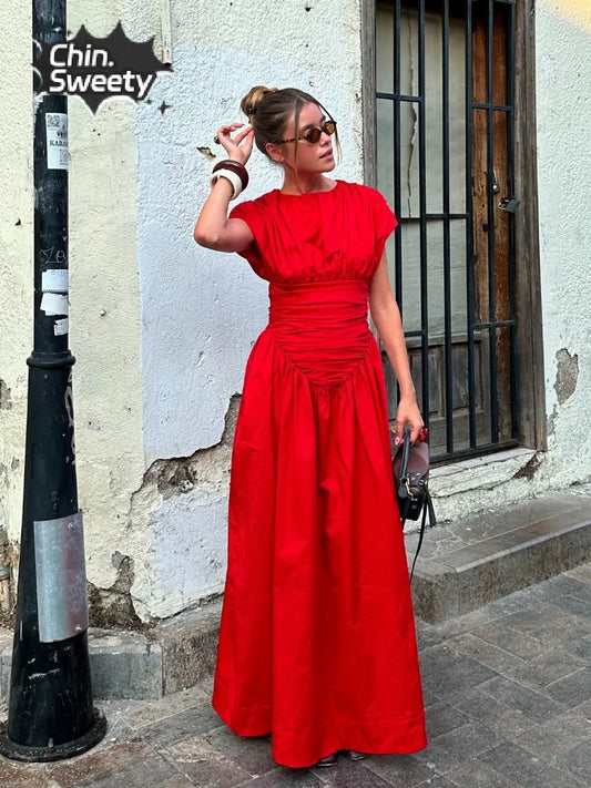 Women Red Irregular Pleated Wrap Waisted Maxi Dress Elegant O Neck Sleeveless Slim Long Dresses Chic Lady Party Street Robes - Seprincess