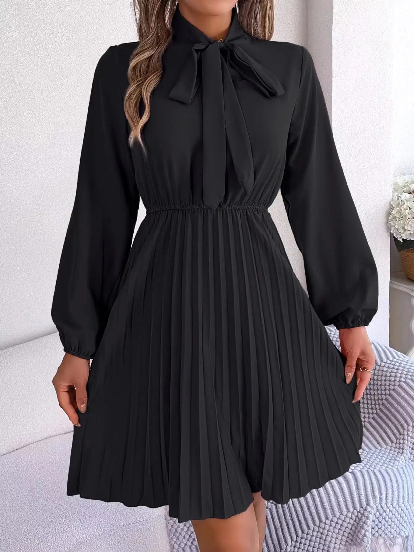 2024 Women's Dresses New in Spring Summer Autumn Winter New Fashion Pure Color Lace Up Long Sleeve Elastic Waist Party Pleated - Seprincess