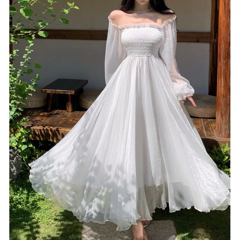 Horetong Elegant Maxi Dresses For Women White Off Shoulder Puff Long Sleeve Elastic High Waist Party Gown Ruffle Holiday Dress - Seprincess