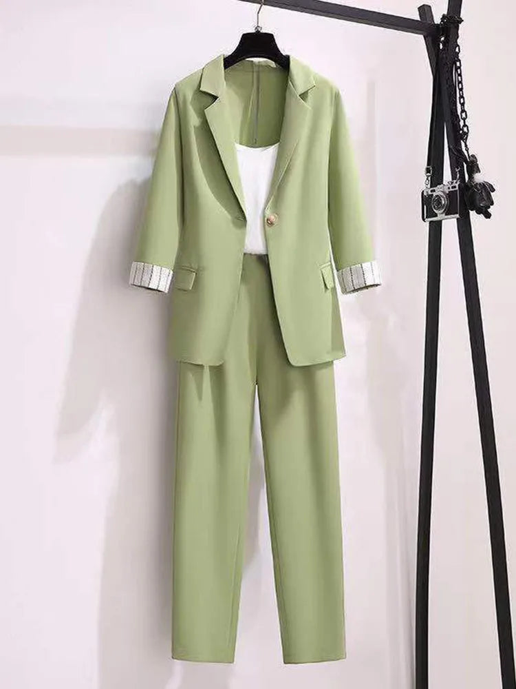 2023 spring new plus size Korean elegant women's suit female blazer leisure pants Tweed suit jacket three piece jacket pants set - Seprincess