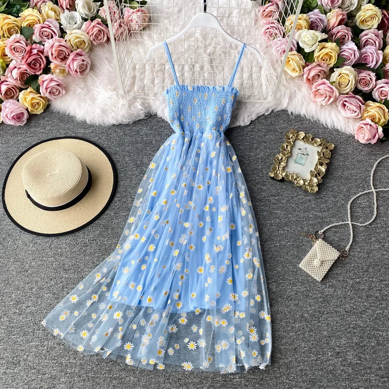 Women daisy Print Dresses Summer Sexy Lace Mesh Dress Spaghetti Strap Ruched Floral Vestidos Korean Style Long Dress - Seprincess