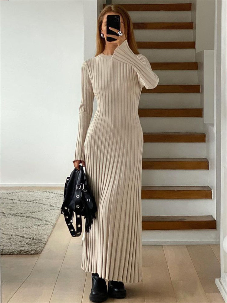 Tossy Lace-Up Female Knit Maxi Dress Autumn High Waist Fashion Patchwork Long Sleeve Loose Solid Dress Bandage Knitwear Dress - Seprincess