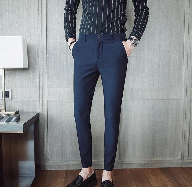 Blue Elastic Man Suits Pants Stretch Trousers for Men Tight Elegant Up Summer 2024 Vintage Cheap Anti-wrinkle Formal Dress Fine