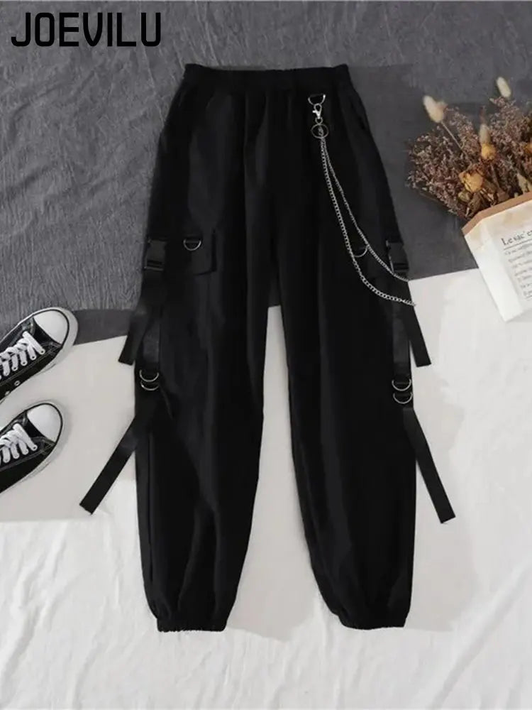 2PCS Women's Streetwear Outfits Loose Long Sleeve Shirt Ribbon Chain Cargo Pants 2 Piece Sets Korean Casual Unisex Couple Suit - Seprincess