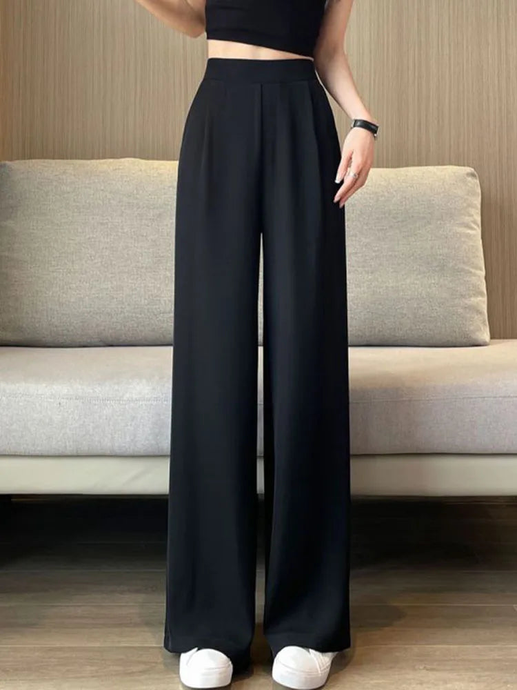 Women Formal Loose Thicken Straight Suit Pants Winter Warm Elastic High Waist Velvet Lined Wide Leg Pantalones Chic Solid Calca