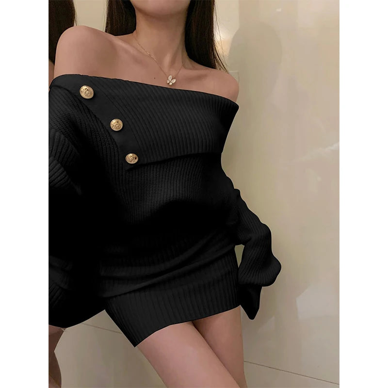 White Knitted Mini Dress Women Fashion Sexy Black Slash Neck Wrap Sweater Dresses Winter Korean Elegant Bodycon A Line Vestidos - Seprincess