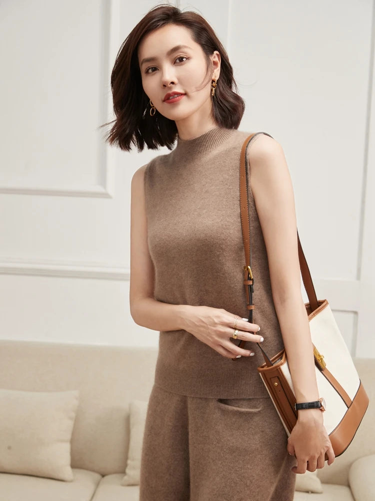 ADDONEE 100% Cashmere Women Summer Vest Mock Neck Thin Casual Sleeveless Pullover Office Lady Baisc Grace Cashmere Sweater Tops