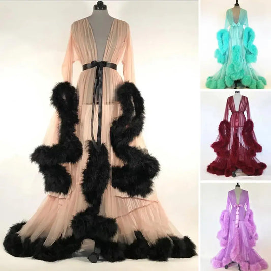 Bathrobe for Women Flare Sleeves Feather Bridal Robe Nightgown Silk Illusion Long Wedding Scarf Dressing Gown Photography Dress - Seprincess