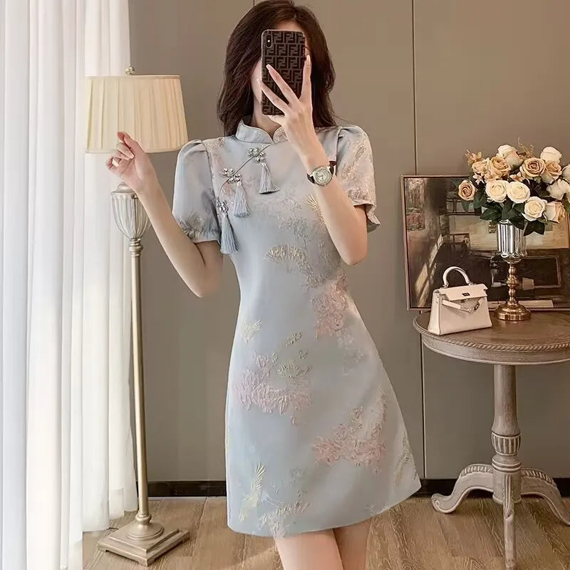 Chinese Style Elegant Cheongsams Dress Summer Women Vintage Floral Embroidery Qipao Mini Dress Lady Chic Tassels Slim Vestidos - Seprincess