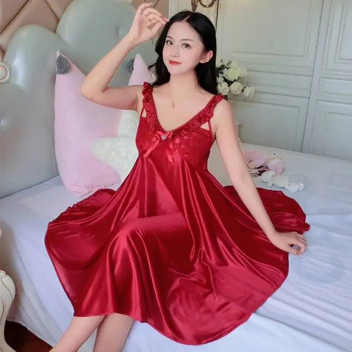 Thin Silk Lady Charming Sleepwear Night Dress Women Sexy Soft Lingerie Spaghetti Strap Home Wear Honeymoon Bride Wedding Nighty - Seprincess