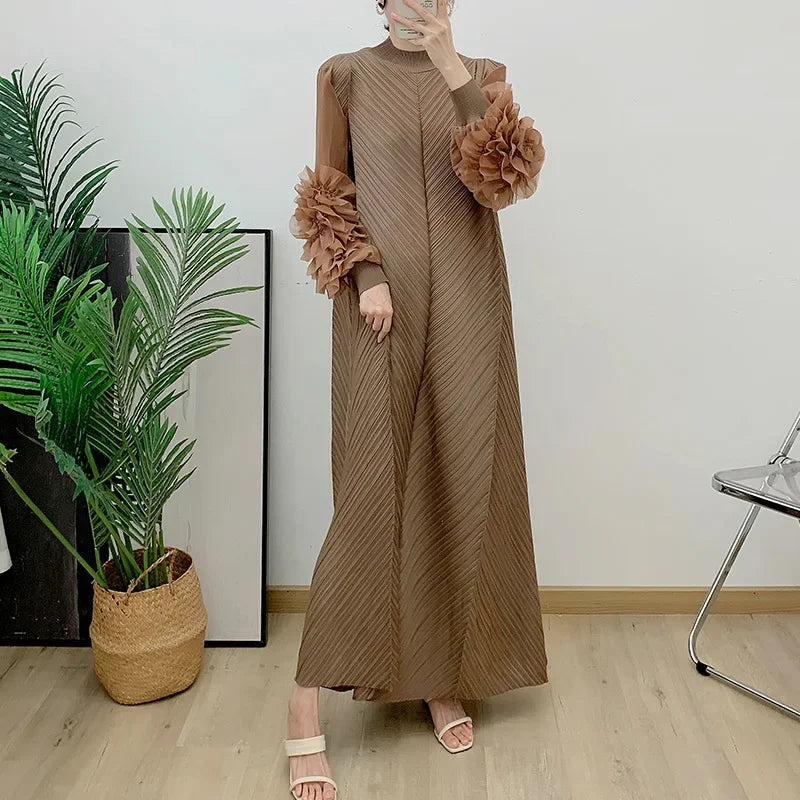 ANLAN Miyake Pleated Maxi Long Dress Mesh Petal Sleeve Half Turtleneck Formal Dresses for Women 2024 New Hot Sales 6KK9927 - Seprincess