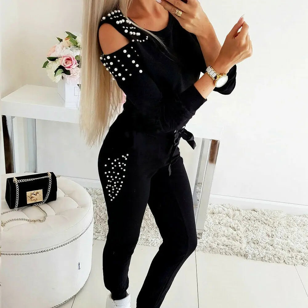 2 Pieces Set Women Europe Fall 2022 Outfit Sexy Nail Bead Pure Color Round Collar Long Suit Sports Set Dropshipping ZXP9596 - Seprincess