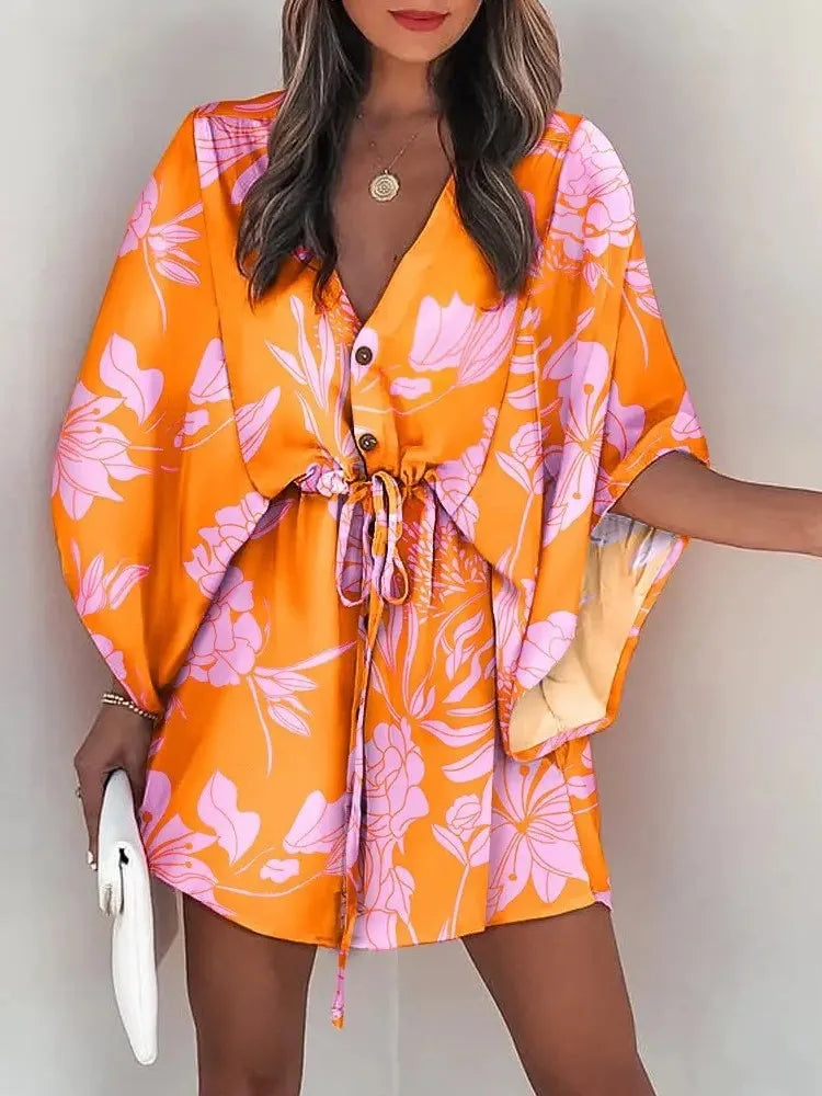 Summer Boho Mini Dress Women Flora Print Batwing Sleeve Lace-Up V Neck Loose Button Dresses Ladies Beach Party Dress Vestido - Seprincess