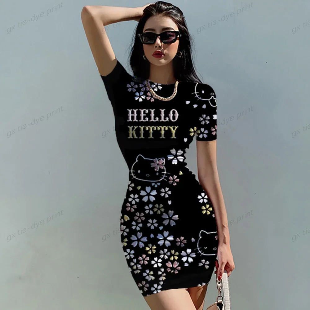 Short Sleeve Bodycon Mini Dress Women Sexy Party Club Evening Birthday Hello Kitty Print Dresses 2024 Spring Summer Wholesale - Seprincess