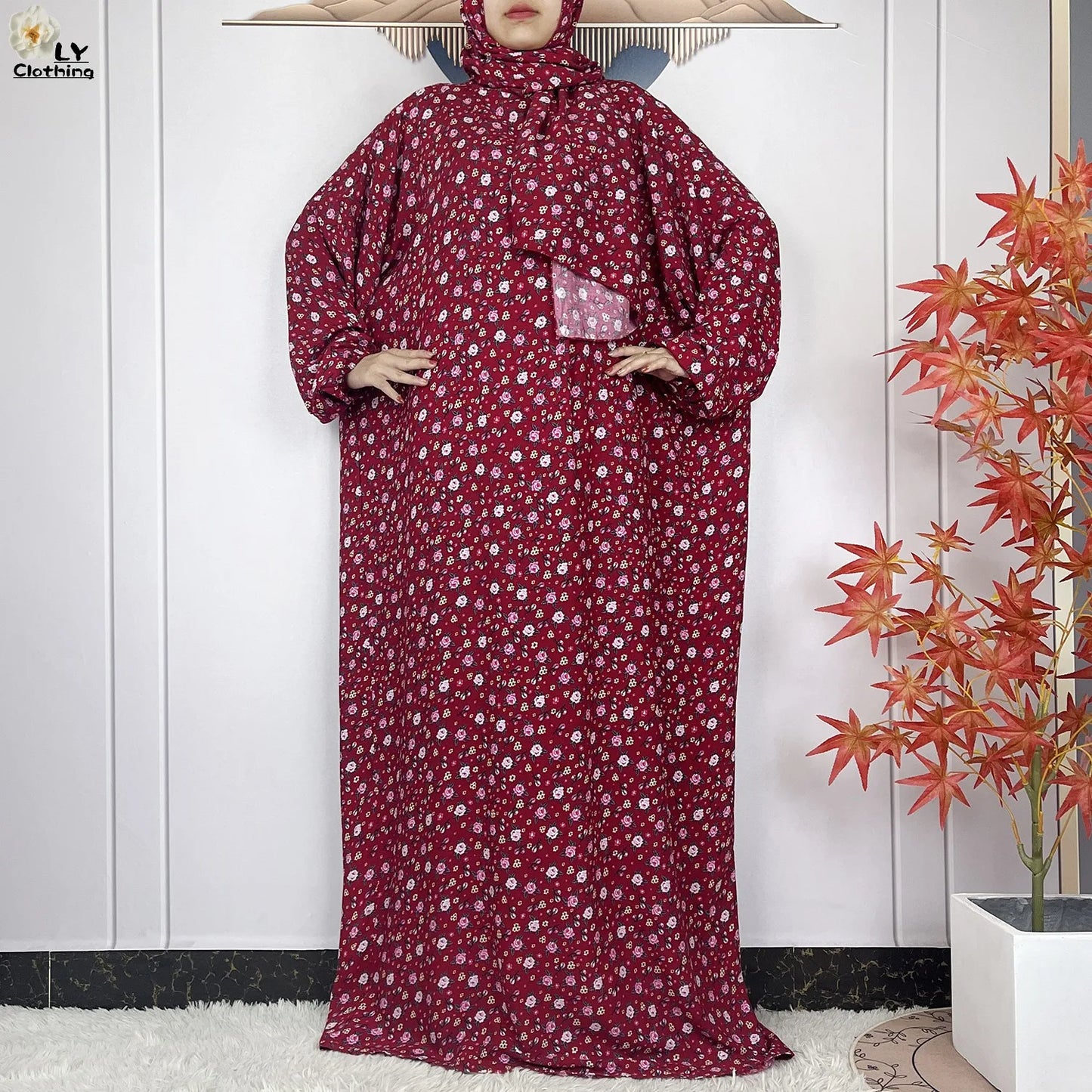 2024Latest Muslim Abayas For Women Ramadan Prayer Maxi Dubai Turkey Femme Cotton Robe Floral Loose African Dress Turban Attached