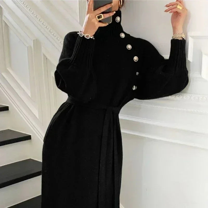 BTQWFD Turtleneck Sweaters Long Sleeves Dresses for Women Party Pullovers 2024 New Autumn Winter Button Skirts Female Clothing - Seprincess