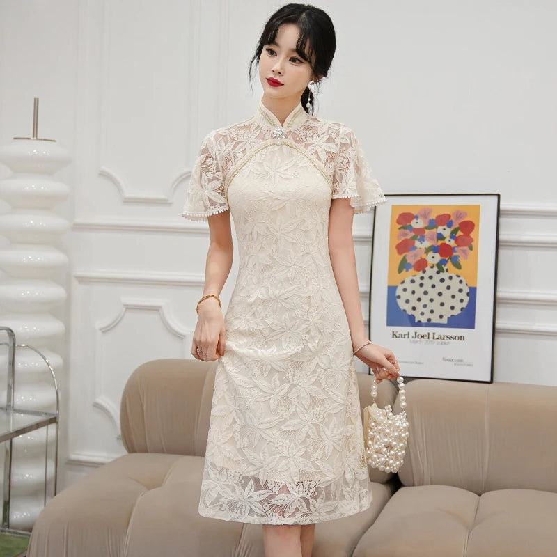 Chinese Traditiona Vintage Lace Improved Cheongsam Summer Short Sleeve Qipao Dress Modern Women Clothes - Seprincess