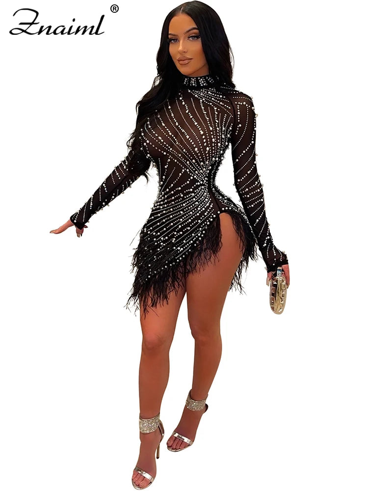 Znaiml Luxury 2023 Evening Celebrity Feathers Sheer Mesh Short Dresses for Women Sexy Pearls Rhinestones Party Birthday Vestidos - Seprincess