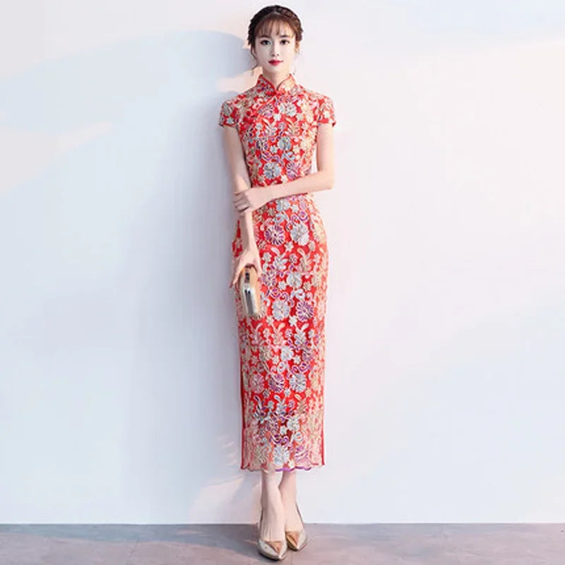 New model 2024 Womens Dress Fashion Chinese Style Elegant Long Qipao Luxury Wedding Robe Red Lace Bride Party Cheongsam Oriental - Seprincess