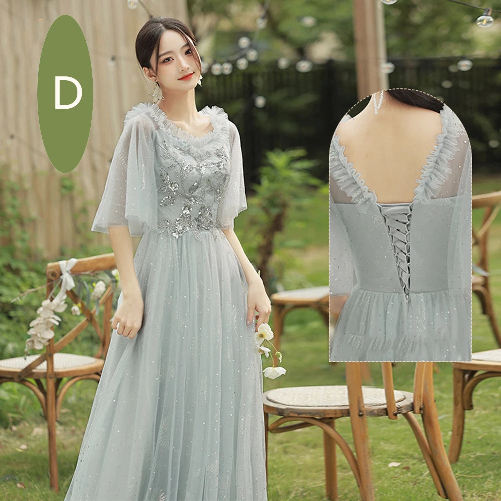 4 Styles Grey Bridesmaid Dress Women's Elegant V-neck Sequins Shawl Collar Slim A-line Gown Light Luxury Wedding Party Vestido - Seprincess