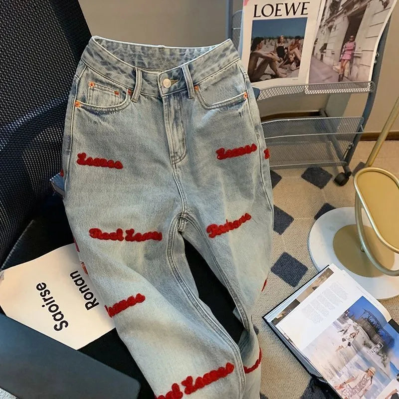 Black and Red Letter Embroidered Jeans Female Y2K Spring and Autumn New High Waist Loose Couple Casual Slim Wide Leg Mop Pants