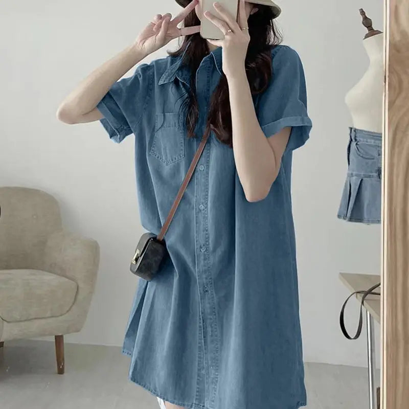 ZANZEA Summer Women Jeans Dress Vintage Short Sleeve Denim Sundress Causal Shirt Vestidos Retro Lapel Kaftan Loose Work Dresses - Seprincess