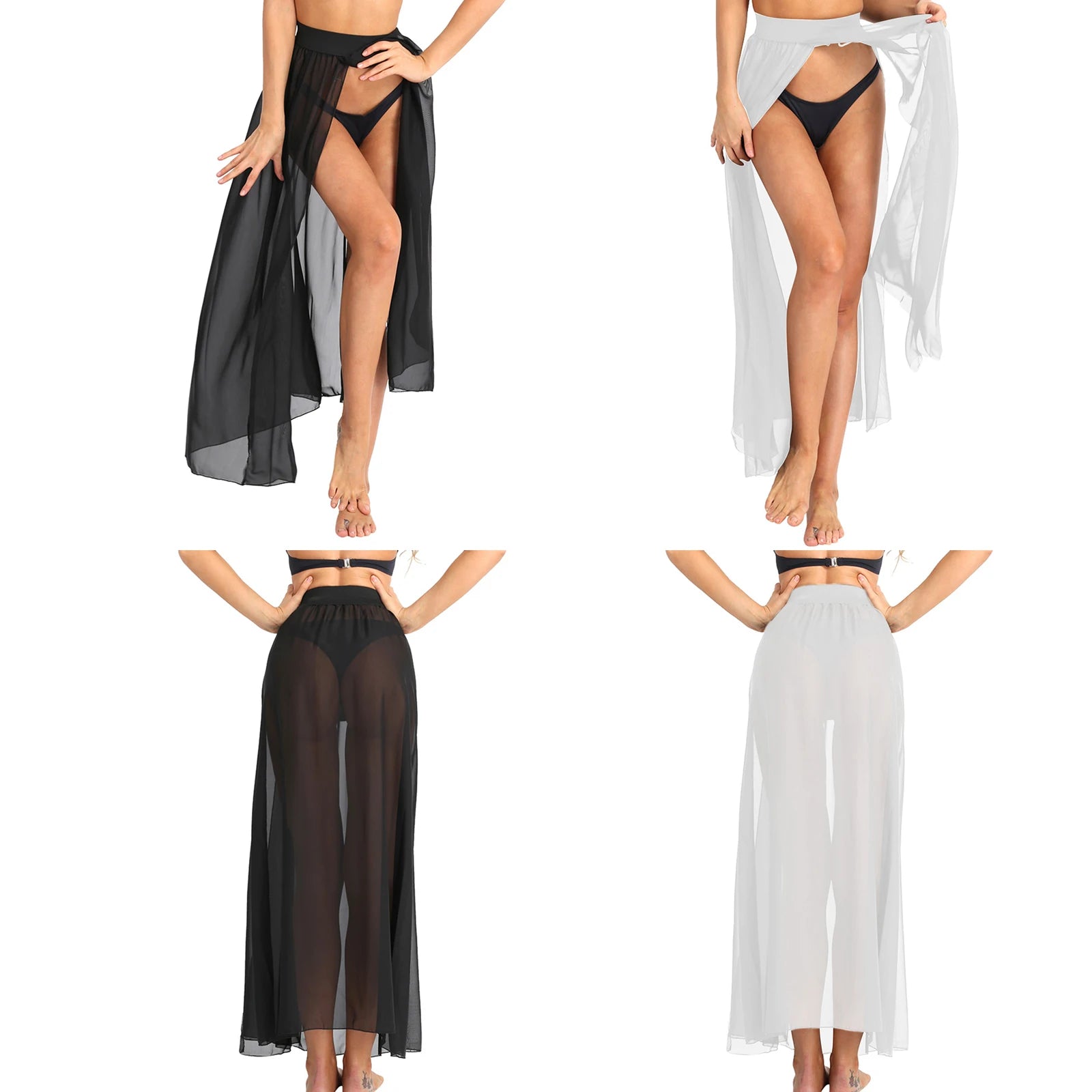 Sexy Women Sheer See Through Chiffon Maxi Skirts High Split Flowy Long Skirt Transparent Bikini Cover Up Bottoms Pool Party Club - Seprincess