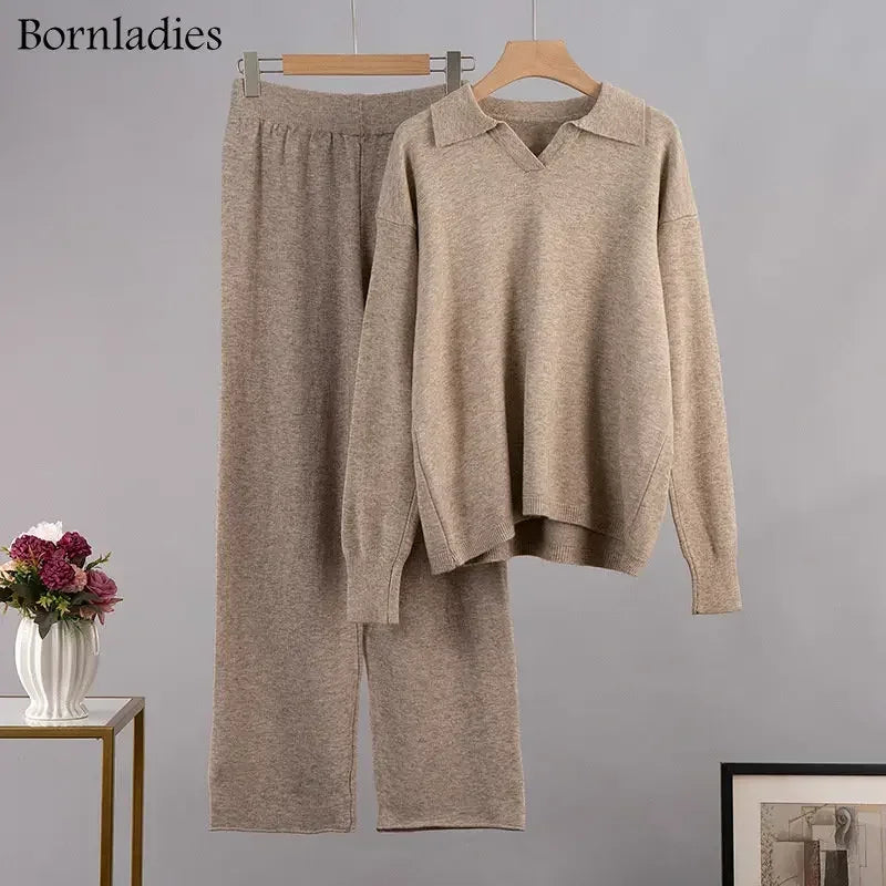 Bornladies Winter Thick Women Knitted Suits Soft 2 Pieces Sets Female Polo Neck Sweater & Wide Leg Pants Knitted Outfit - Seprincess