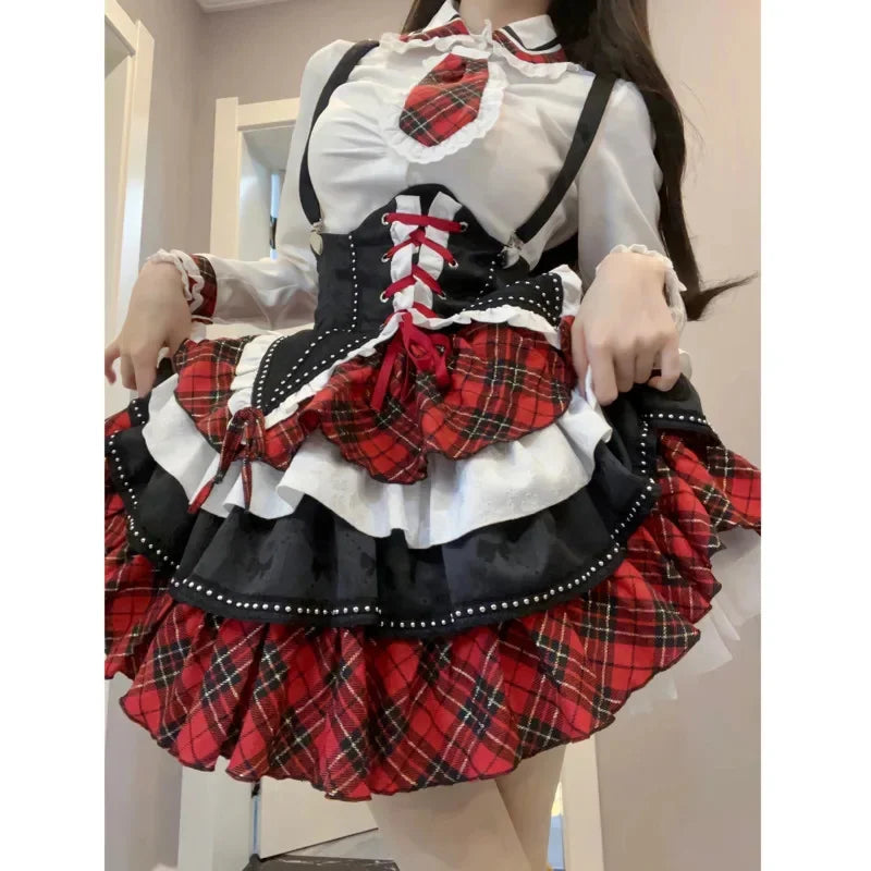 Plaid Patchwork Design Y2k Lolita Dress Sets Halloween Uniform Kawaii Mini Skirt Cosplay Anime Three Pieces Suit For Women - Seprincess