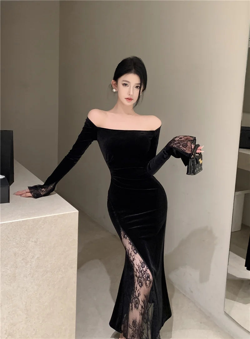 Women's Sexy Black Velvet Dress Elegant Chic Off Shoulder Lace Split Evening Party Dresses Autumn Female Bodycon Vestidos Mujer - Seprincess